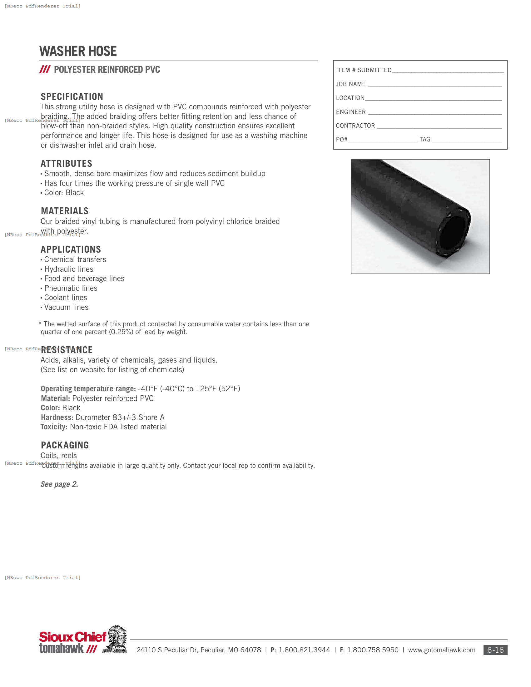 900-04 SERIES - WASHER HOSE - SPEC SHEET.PDF Specification Document